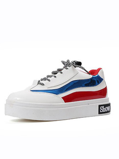 Blue Red and White Patent Leather Round Toe Lace Up Rubber Shoes