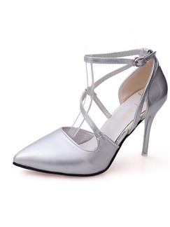 Silver Leather Pointed Toe Ankle Strap High Heels 9.5CM Heels