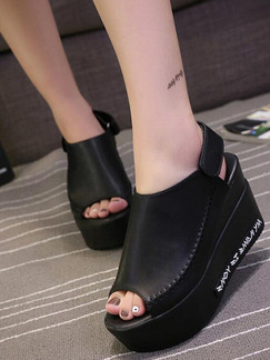 Black Leather Peep Toe Platform Ankle Strap 8CM Wedges