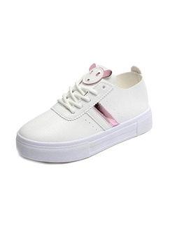 White and Pink Leather Round Toe Lace Up Rubber Shoes