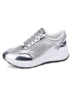 Silver and White Patent Leather Round Toe Lace Up Rubber Shoes