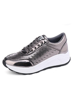 Silver Patent Leather Round Toe Lace Up Rubber Shoes