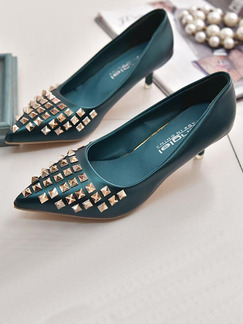 Blue Green Leather Pointed Toe Pumps Low Heel 3.5CM Heels