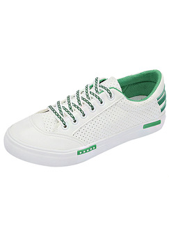 White and Green Leather Round Toe Lace Up Rubber Shoes