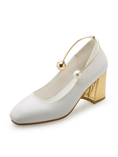White and Gold Leather Round Toe Pumps High Heel Chunky Heel 7CM Heels