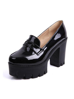 Black Patent Leather Round Toe Platform High Heel Chunky Heel 10CM Heels