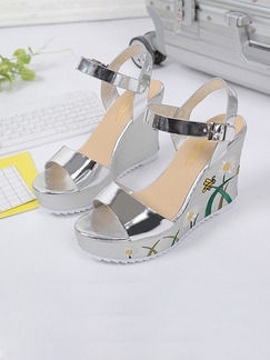 Silver Colorful Patent Leather Open Toe Platform Ankle Strap 10CM Wedges
