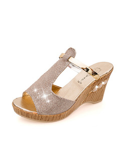 Silver and Beige Leather Peep Toe 8.5CM Wedges