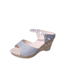 Silver Leather Peep Toe 8.5CM Wedges