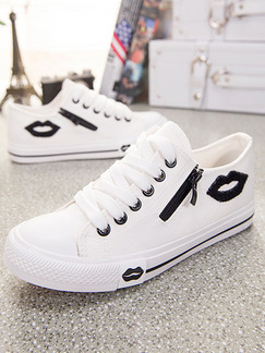 White and Black Canvas Round Toe Lace Up Rubber Shoes