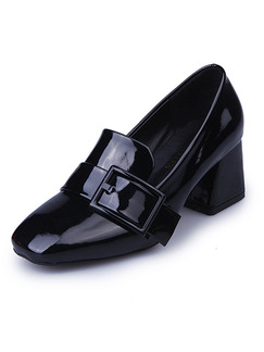 Black Patent Leather Round Toe High Heel Chunky Heel 6CM Heels