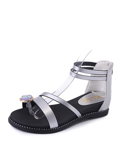 Silver and Black Leather Open Toe Ankle Strap Sandals