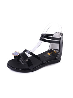 Black Patent Leather Open Toe Ankle Strap Sandals