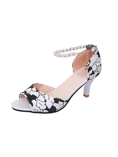 Black and White Leather Open Toe High Heel Stiletto Heel Ankle Strap 7CM Heels