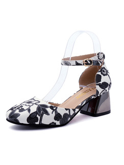 Black and White Leather Round Toe High Heel Chunky Heel Ankle Strap 5CM Heels