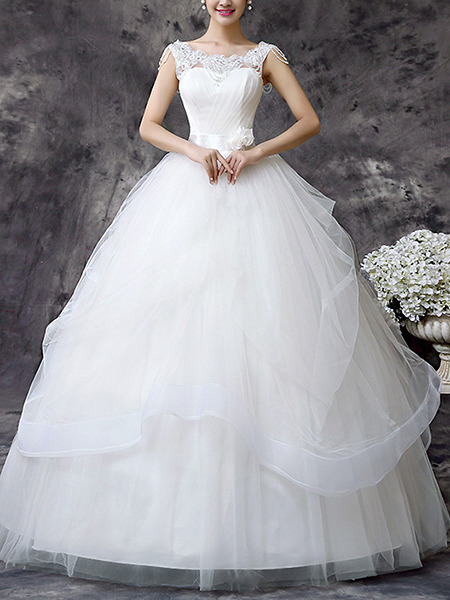 White Bateau Ball Gown Embroidery Beading Sash Dress for Wedding