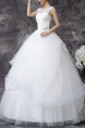 White Bateau Ball Gown Embroidery Beading Sash Dress for Wedding