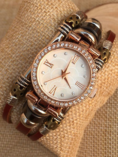 Brown Leather Band Rhinestone Bracelet Quartz Watch