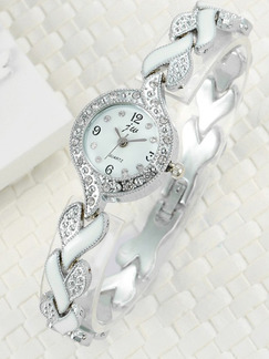 Silver and White Silver Plated Band Bracelet Rhinestone Quartz Watch