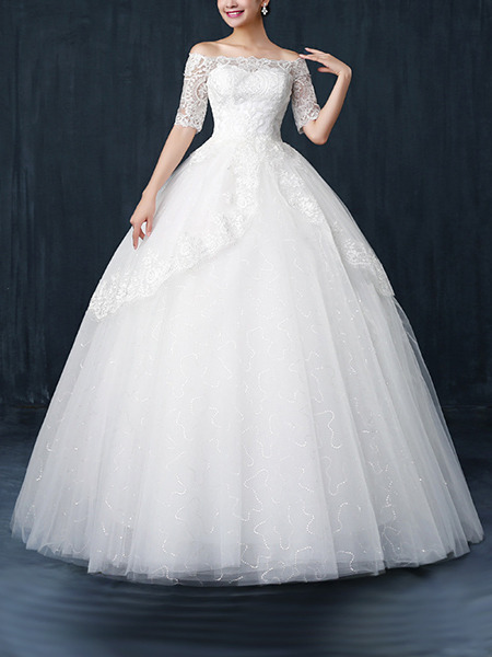 White Off Shoulder Ball Gown Embroidery Dress for Wedding
