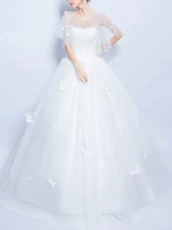 White Bateau Illusion Ball Gown Embroidery Appliques Beading Dress for Wedding
