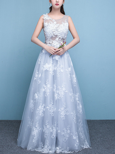White and Blue Illusion Bateau A-Line Beading Appliques Embroidery Dress for Wedding