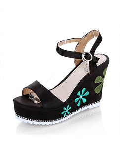 Black and Green Leather Open Toe Platform Ankle Strap 10cm Wedges