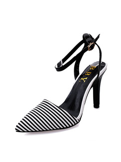 Black and White Leather Pointed Toe High Heel Stiletto Heel Ankle Strap 9.5cm Heels