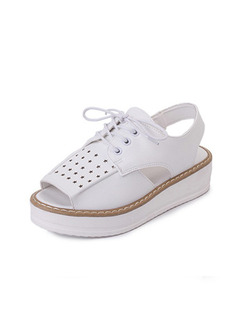 White Leather Peep Toe Platform Ankle Strap Lace Up 4cm Sandals