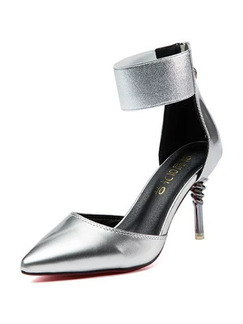 Silver Patent Leather Pointed Toe High Heel Stiletto Heel Ankle Strap 8cm Heels