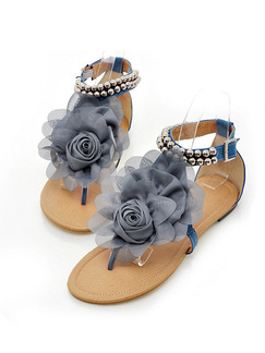 Blue Grey and Beige Leather Open Toe Ankle Strap Sandals