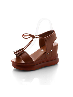 Brown Leather Open Toe Platform Ankle Strap 9cm Wedges