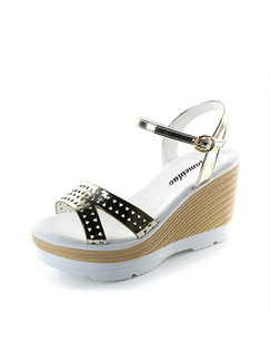 Gold White and Beige Leather Open Toe Platform Ankle Strap 9.5cm Wedges