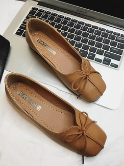 Beige Leather Round Toe Flats
