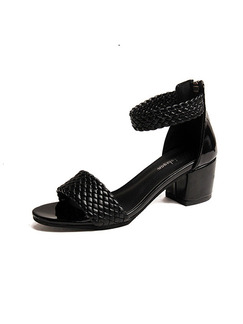Black Leather Open Toe High Heel Chunky Heel Ankle Strap 5cm Heels