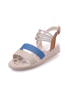 Cream Brown and Blue Leather Open Toe Ankle Strap Sandals