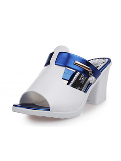 White and Blue Leather Peep Toe High Heel Chunky Heel 7.5cm Heels