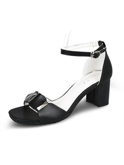 Black Leather Open Toe High Heel Chunky Heel Ankle Strap 6.3cm Heels