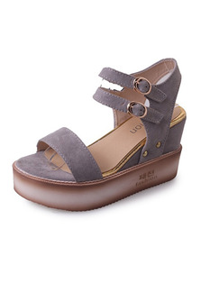 Grey and Brown Suede Open Toe Platform Ankle Strap 8.5cm Wedges