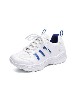White and Blue Leather Round Toe Lace Up Rubber Shoes