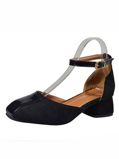 Black Leather Round Toe High Heel Chunky Heel Ankle Strap 5.5cm Heels