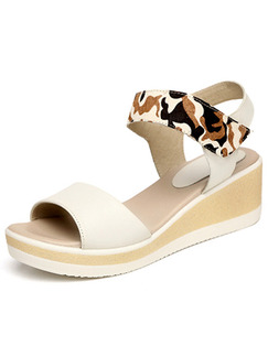 Beige and White Leather Open Toe Platform Ankle Strap 6cm Wedges