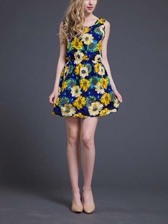 Yellow Colorful Cute Floral Above Knee Fit  Flare Dress for Casual Beach
