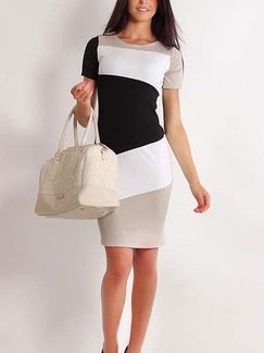Black and White Beige Bodycon Above Knee Plus Size Dress for Casual Office Evening
