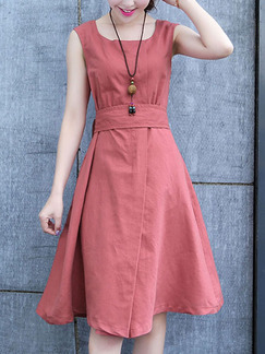 Red Knee Length Fit & Flare Dress For Casual