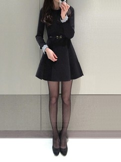 Black Fit  Flare Above Knee Long Sleeve Plus Size Dress For Casual Office