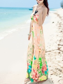 Beige Maxi Strapless Floral Dress For Casual Beach