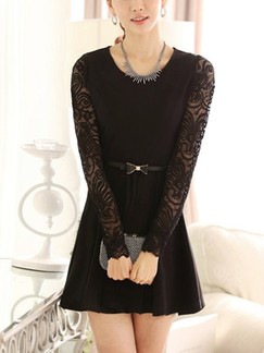 Black Lace Fit  Flare Long Sleeve Above Knee Plus Size Dress for Casual Office Evening Party