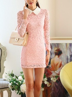 Pink Lace Shirt Bodycon Above Knee Cute Dress for Casual Office Evening