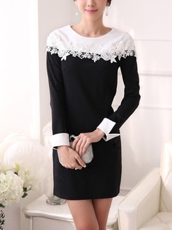 Black and White Sheath Lace Long Sleeve Above Knee Dress for Office Evening Casual